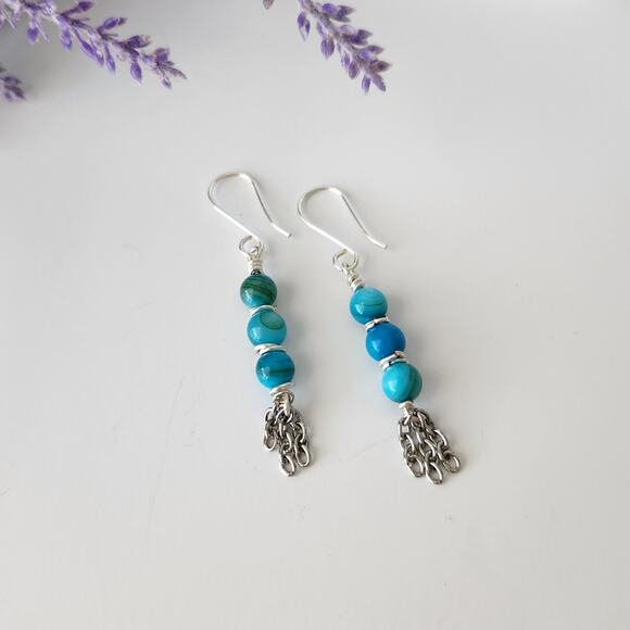 Turquoise Seashell Beads Tassel Earrings, Silver Plated Wire Wrapped Earrings - Picture 2 of 6